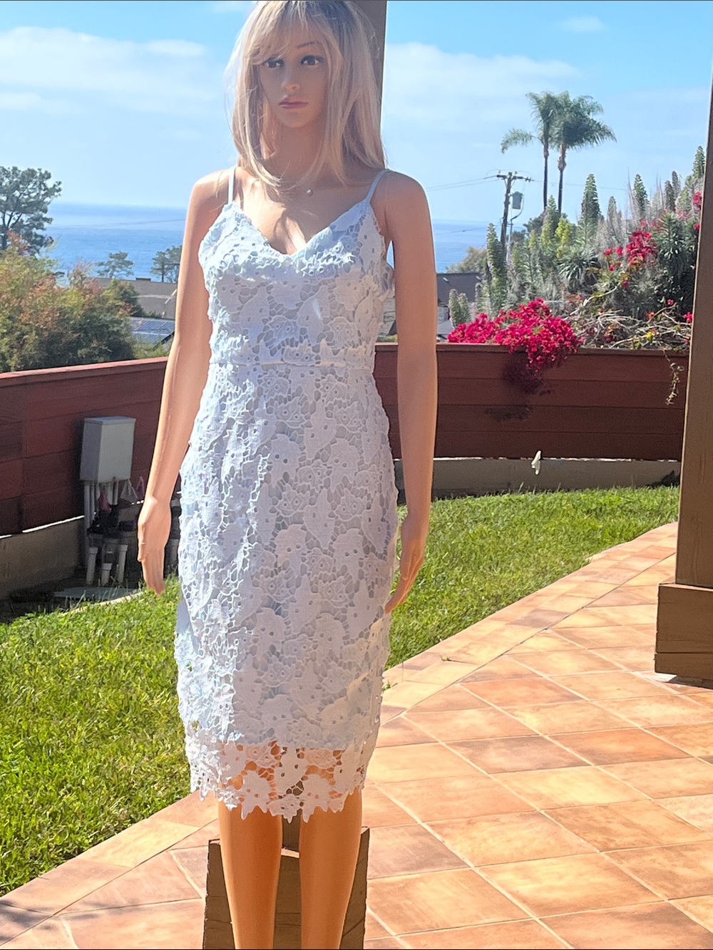 Lace Midi Slip Dress in Light Blue - Women